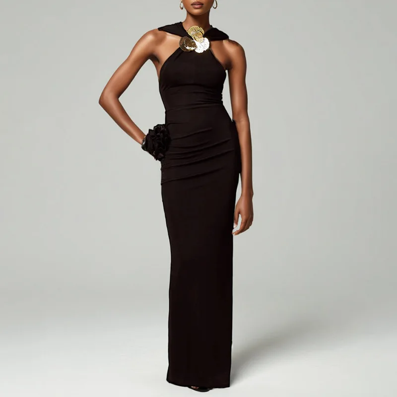 

2025 New Elegant Off Shoulder Long Dress Slim Fit Metal Buckle Decor Women Formal Gown