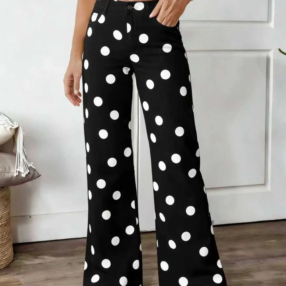 2026 Summer Women's Trousers Elastic and Comfortable Wide Legs High Waist Contrasting Colors Fashionable Printing Polka Dots