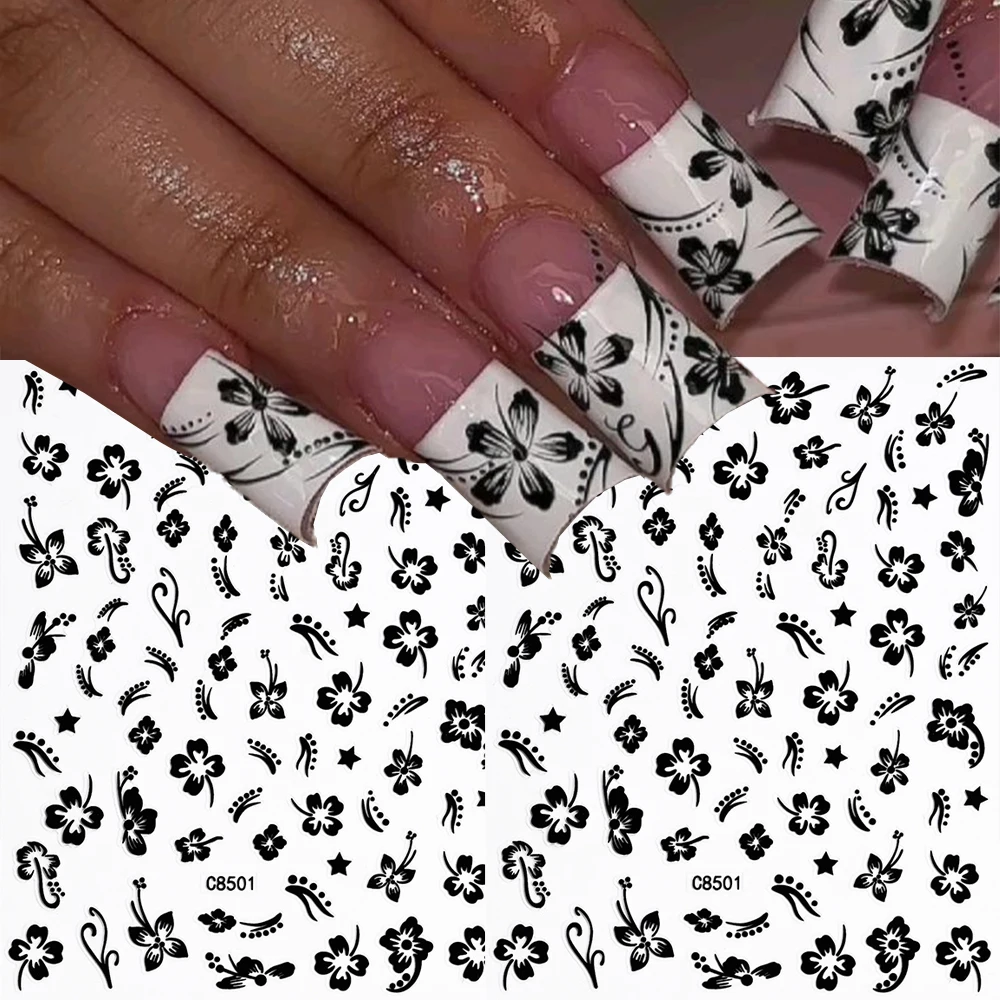 

2pcs 3D Black Hibiscus Flower Nail Stickers Y2k Summer Tropical Blossom Petals Manicure Decals White Hibiscus Floral Nail Decora