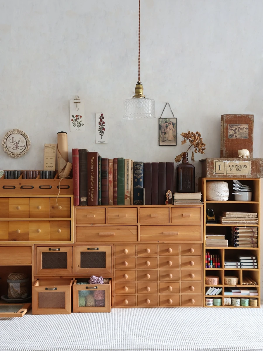 Wooden Storage Cabinet with Mushroom Knob Drawers Retro Zakka Desktop Organization