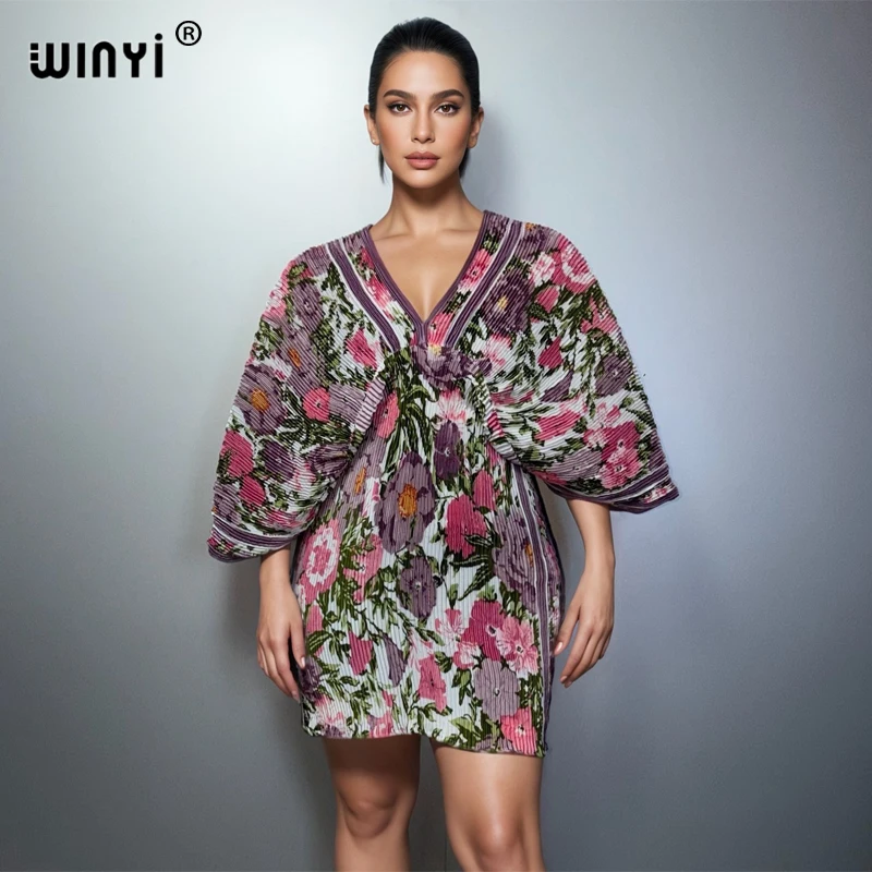 

WINYI Women's Summer Pleated Elastic Dress Loose Boho Beach Cover up Maxi Kaftan Dubai Luxury Party Muslim Abaya Style