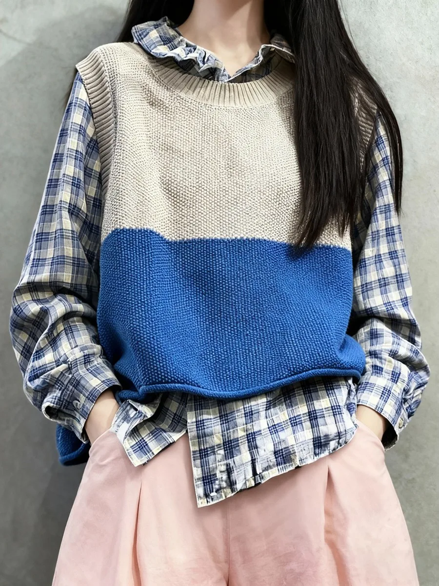 الكورية Sle عارضة اللون بلو فضفاضة تناسب القطن محبوك سترة سترة المرأة Faion ملابس خارجية مريحة للتنفس #3