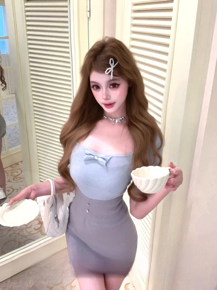 Joykiki Knot Design Slimming Top Bot Set Women's Faion Spring Collection Polyester ort Sve Sweet Sle