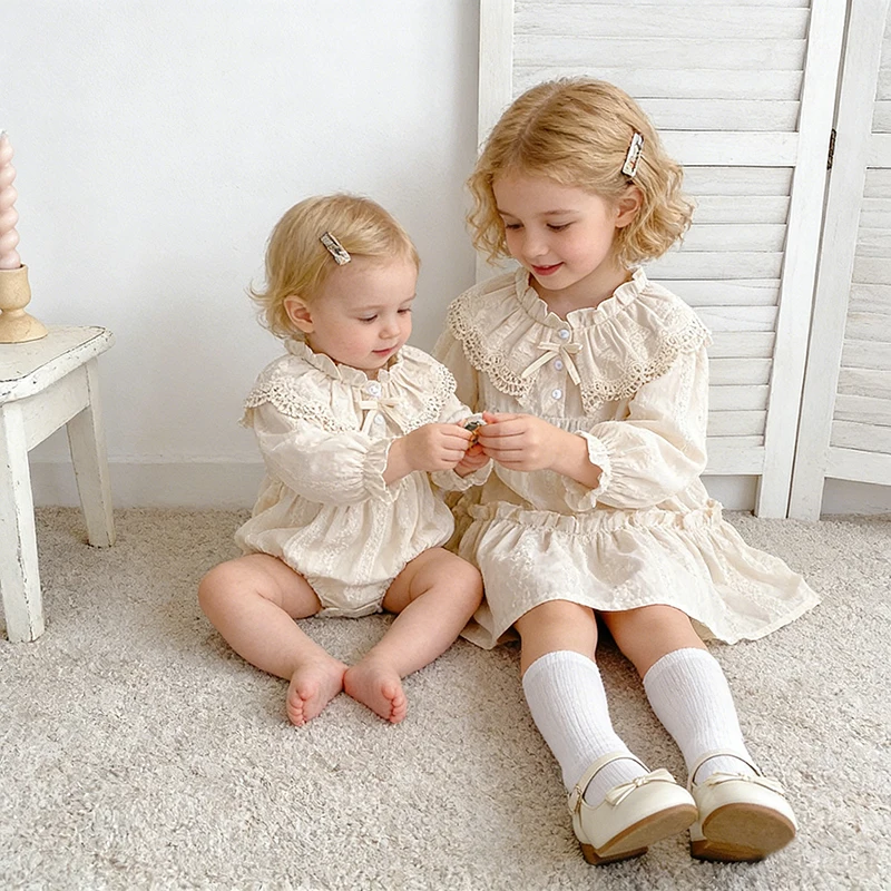 Herbst Schwestern Kleid Baby Bodysuit Blume Stickerei Kleid für Kleinkinder Kleinkind Outfit Schwestern Spitze Kragen Prinzessin Kleid