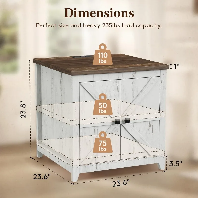 Farmhouse End Table with Charging Station and USB Ports, 24