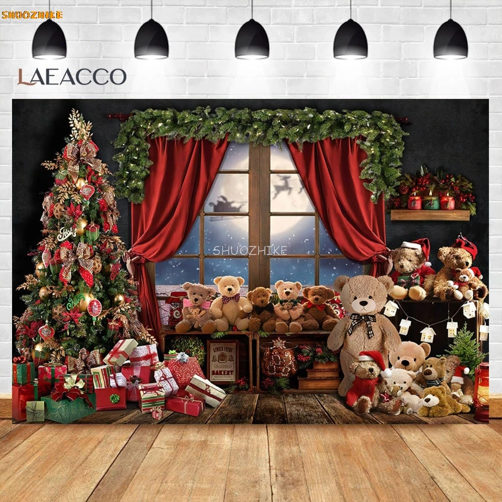 Winter Christmas Photography Backdrop Window Toy Bear Christmas Tree Kid Family Portrait Wood Floor Festival Party Backgrounds