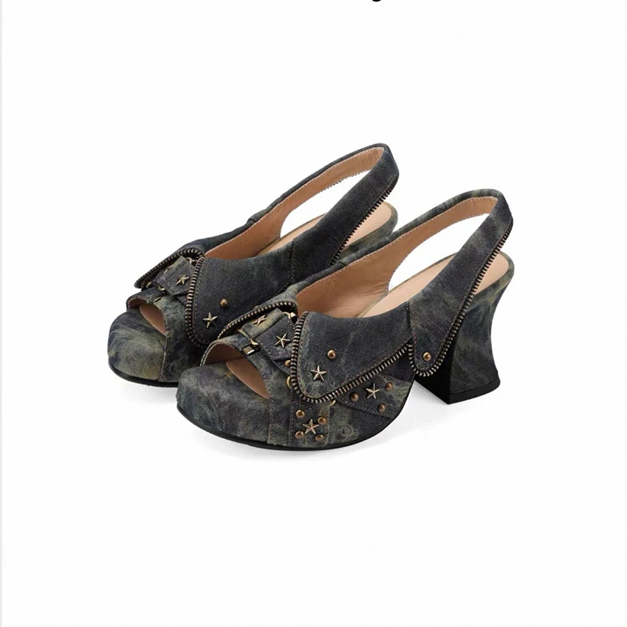 Women's Washed Denim Camouflage Slingback Wedges Studded Star Detail with Zipper Accent for Punk Grunge & Retro Statements