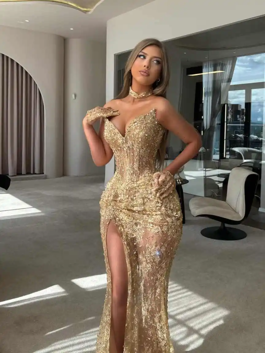 Vintage Princess Dress Ruffles Shining Sequins Rhinestone High Slit V-Neck Crystals Chiffon Chapel Train Prom Dress  Customized