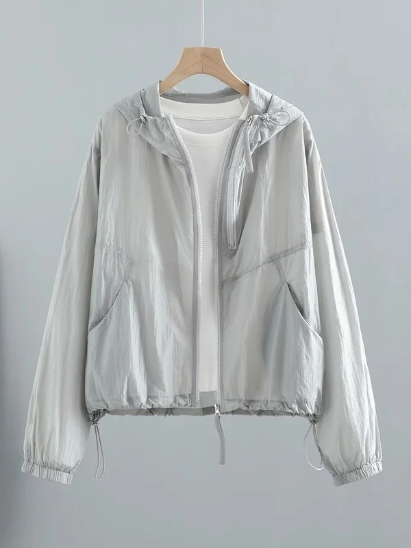 

Lightweight Breathable Short Jacket Women's Summer Thin Cool Comfortable Polyester Fiber Hooded Coat Small Size Commute Style