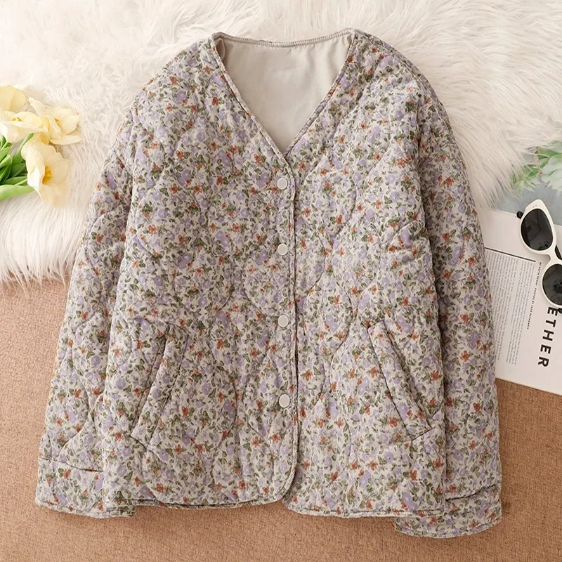 Jaet de algodón floral Thiened para mujer Otoño Invierno nuevo Sle Faionable todo fósforo ropa de abrigo suelta para mujer