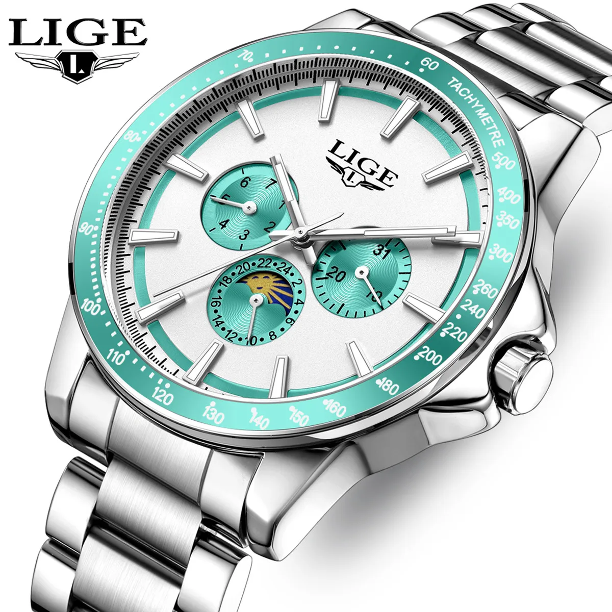 LIGE Men's Quartz Watch Luxury Stainless Steel Man Watch Fashion Moon Phase Luminous Business Chronograph  Watches for Men+Box