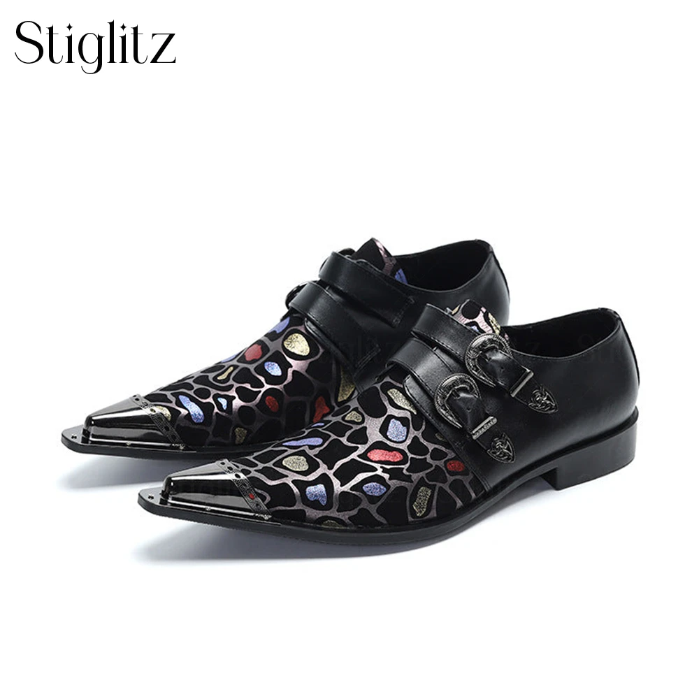 

Colorful Leopard Print Metal Tip Shoes Black Leather Men's Shoes Double Buckle Fashion Designer Handmade Shoes Pointed Toe Shoes