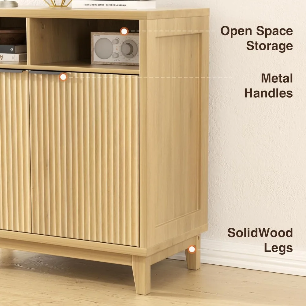 

Fluted Cabinet with Doors, Modern Accent Storage Cabinet with Solid Wood Legs & Open Shelf, Space Saver, Customized