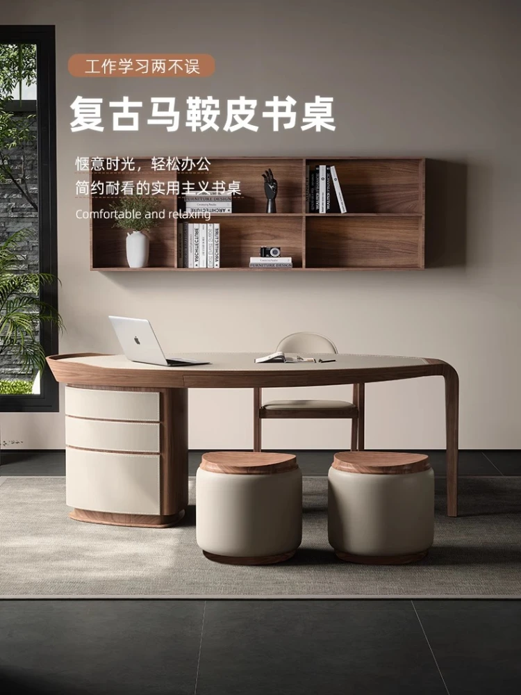 Retro solid wood saddle leather desk, office Italian study writing desk computer desk