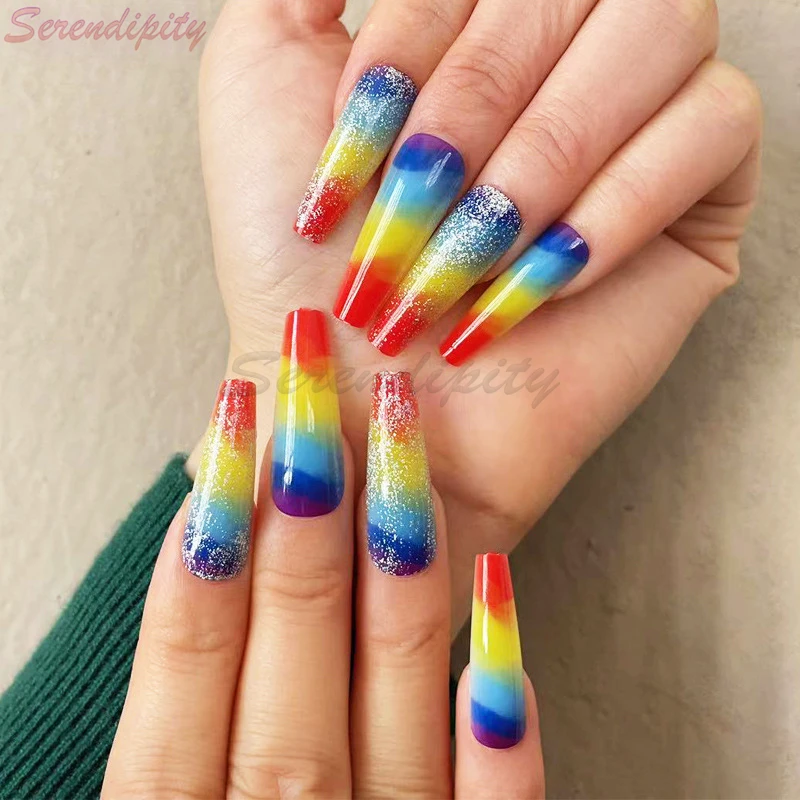 24 Stuks Lange Amandelvormige Nagels Pers Op Nagels Met Regenboog Glitter Afneembare Volledige Cover Cool Art Nagels Nep Nagels Tips Manicure