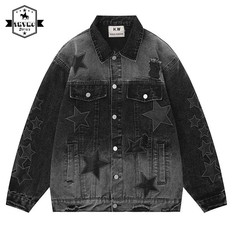 Mens Hip-hop Patch Star Washed Denim Jacket Embroidery Women Coat Unisex Bomber Pink Cowboy Outwear Spring Autumn Varsity Jacket