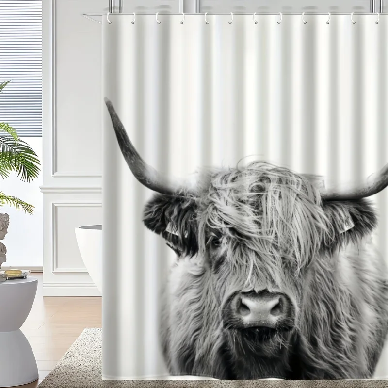 Highland cow shower curtain: 1pc, 6/10/12 grommet holes, 180.34/203.2/228.6/254.0cm, artistic animal print, waterproof, seasonal