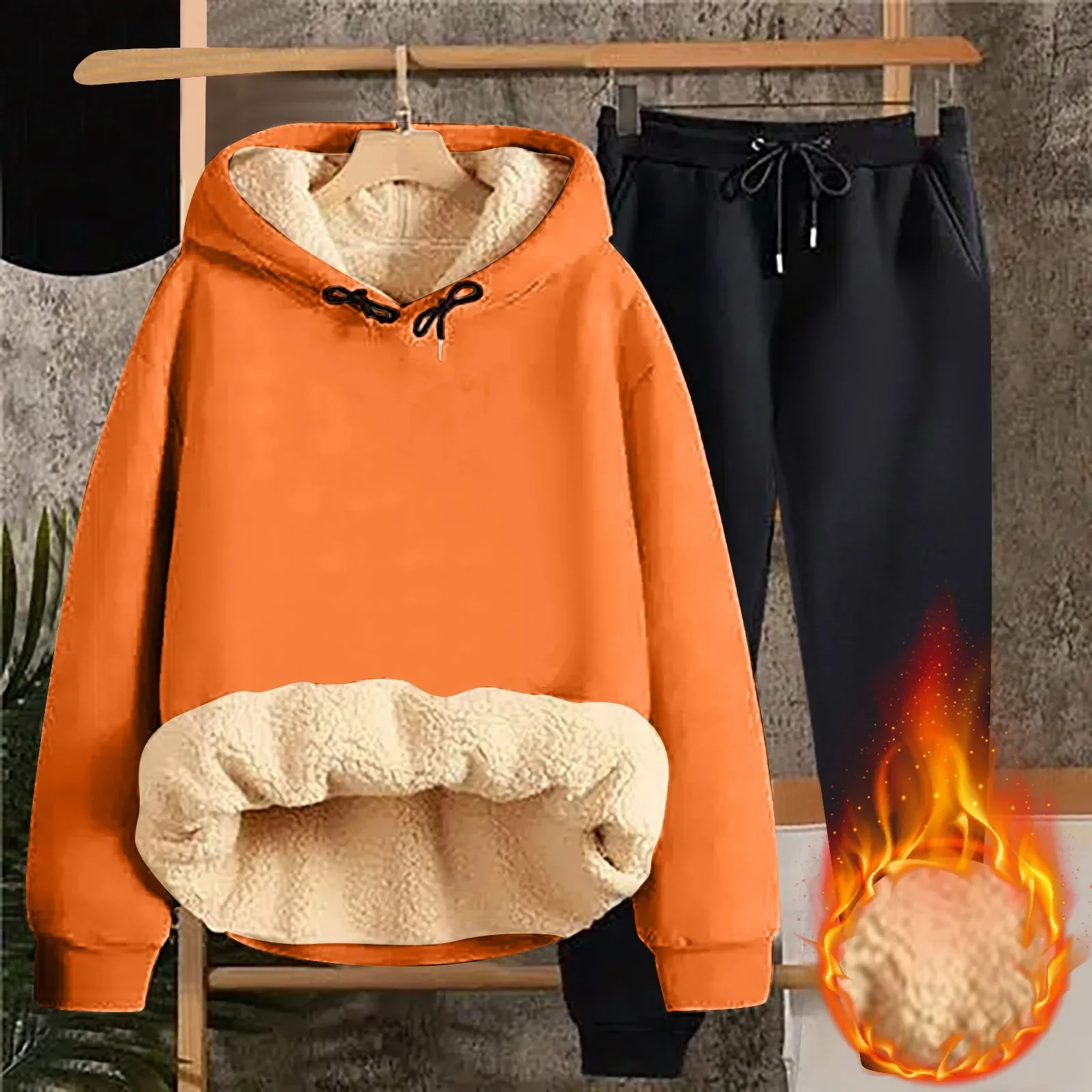 مجموعة سويت شيرت مخملي سميك من لحم الضأن للطلاب، سترة وسروال مبطنة بالصوف للخريف والشتاء، مجموعة كاملة