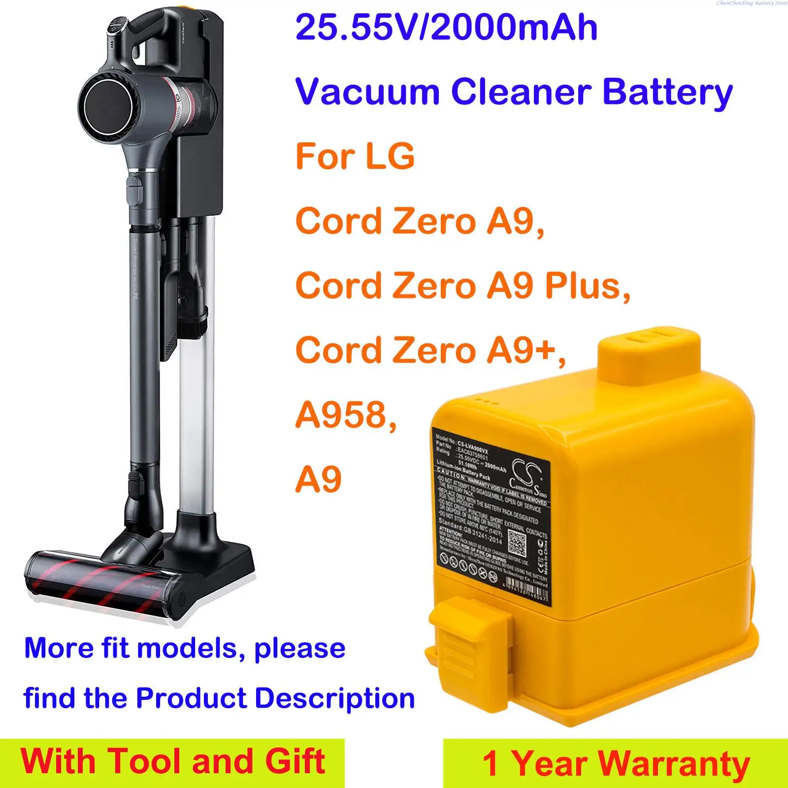 2000mAh Vacuum Cleaner battery for LG A9MULTI,A927KGMS,A927KVMS,A907GMS,A908VMR,A929KVM,A906SM,A902RM,A905RM