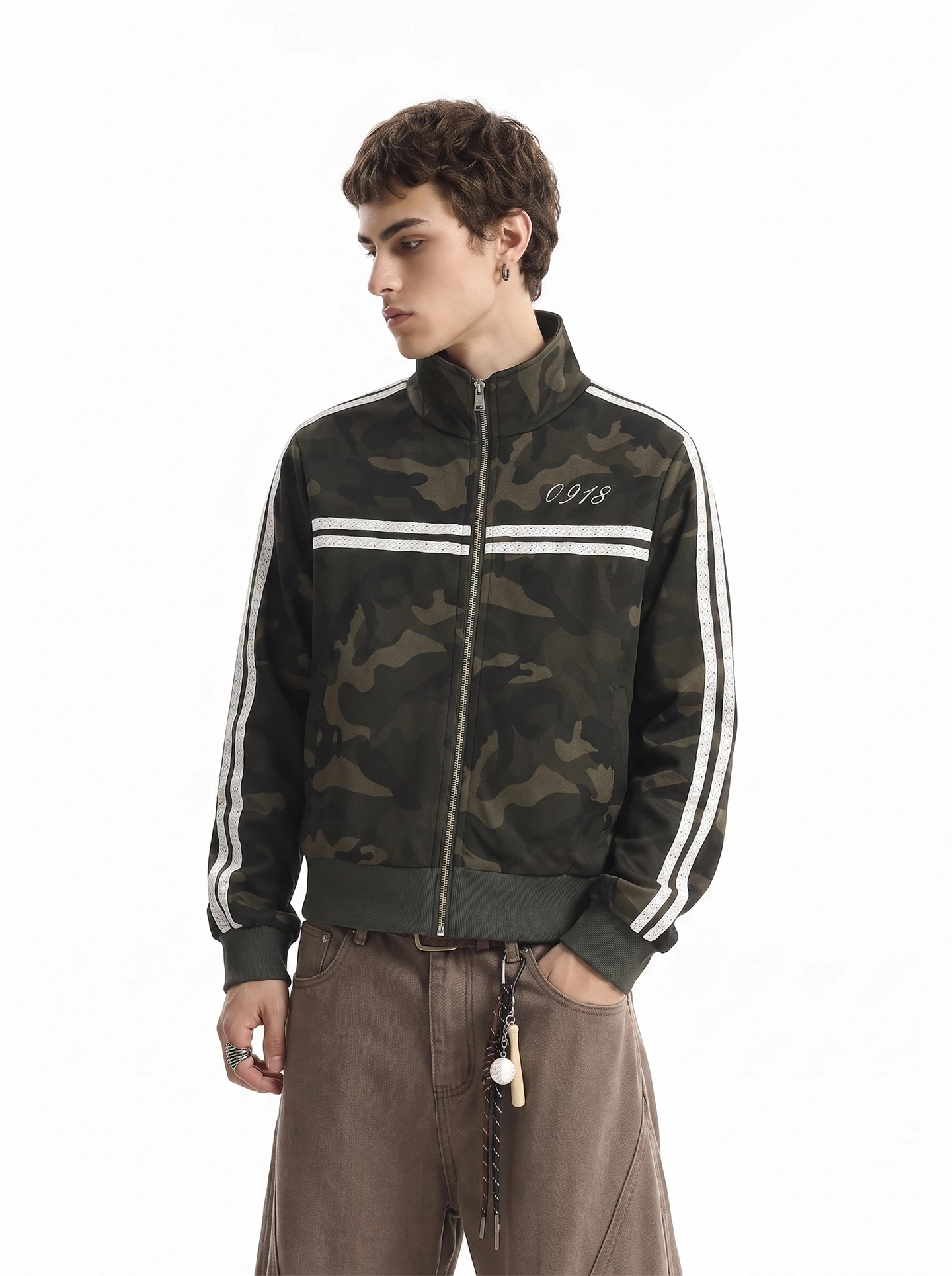 American Retro Digital Embroidery Striped Sweatshirt Men's Autumn New Camouflage All-Match Jacket Standard Fit Hooded Long Sl...