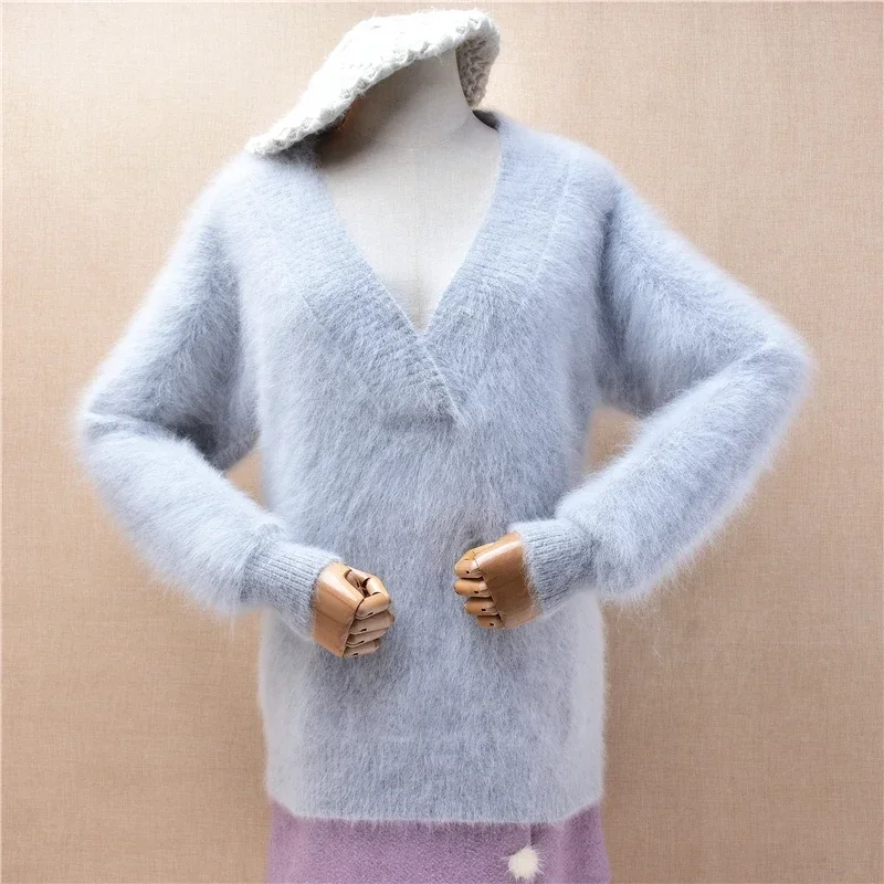 

Ladies Women Autumn Winter Grey Hairy Mink Cashmere Knitted V-Neck Long Sleeves Loose Pullover Angora Fur Sweater Jumper Pull