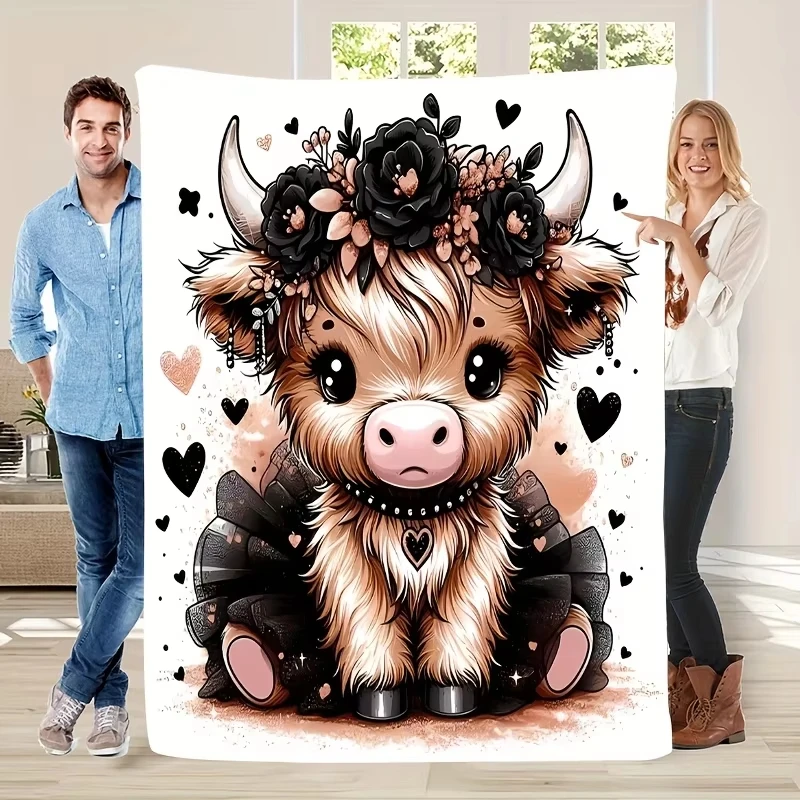 1 x Cozy Cartoon Cow Print Flannel Blanket-Soft and warm ripstop fabric, cute animal pattern and floral hearts, machine washable