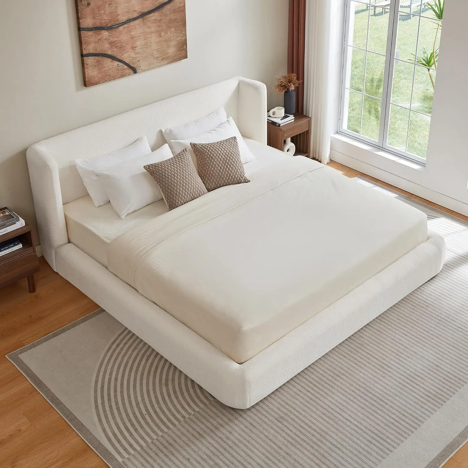 White Upholstered Platform Bed Frame With Headboard & Wood Slats Support No Box Spring Needed Bedroom Furniture, Customized