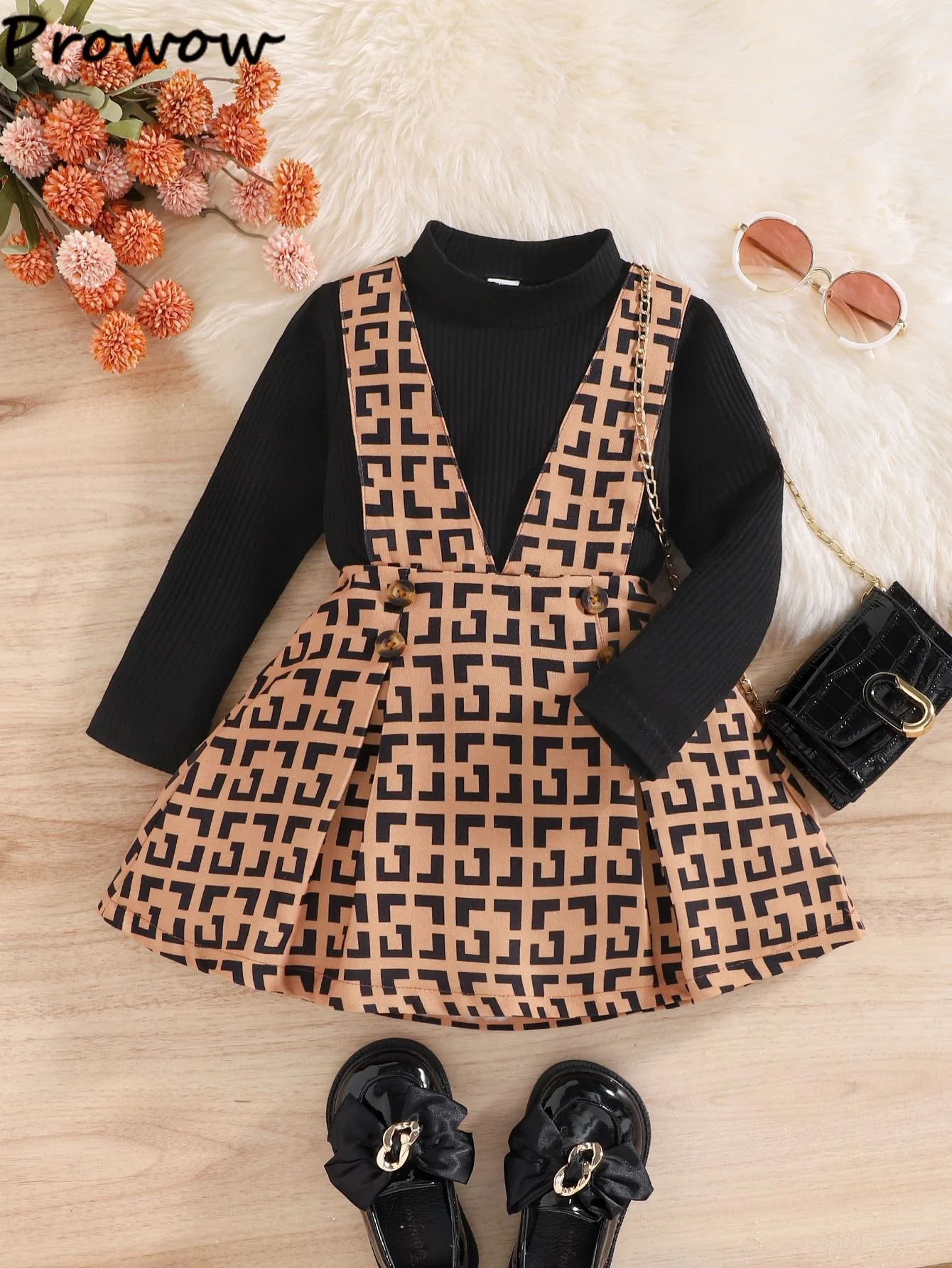 Prowow Fall Winter Kids Clothes 2024 Girls\'s Outfit Sets High Neck Black Top and Overalls Dress 2pcs Children Clothing Girl Sets