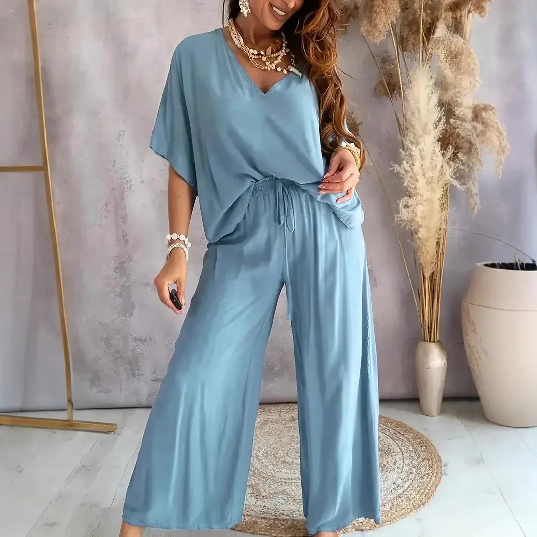 Sommer Weiß Zweiteiliges Set Für Frauen V-ausschnitt Fledermaus Ärmel Top Casual Lose Spitze Up Breite bein Hosen 2-stück Anzug Hause Outfits frauen