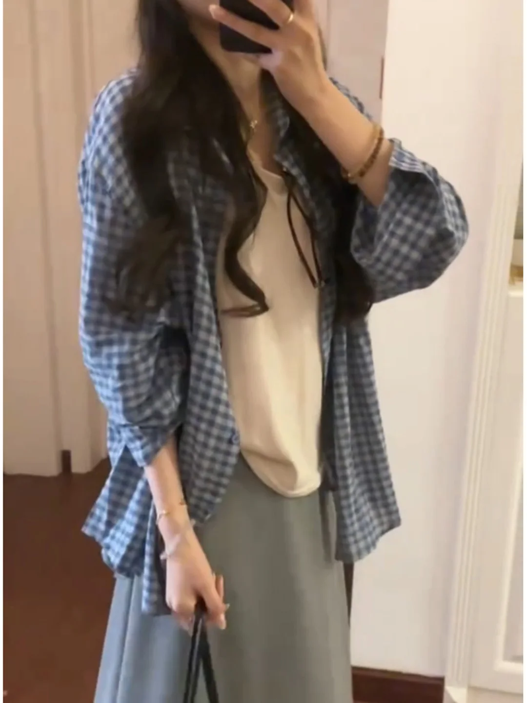 

Retro Korean Style Blue Plaid Long Sleeve Women's Shirt Casual Loose Fit Spring Summer Versatile Layering Button up Top