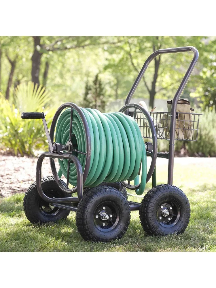 Residential Grade Four Wheel 250 Foot Capacity Steel Frame Water Hose Reel Cart with Basket for Backyar, Garden