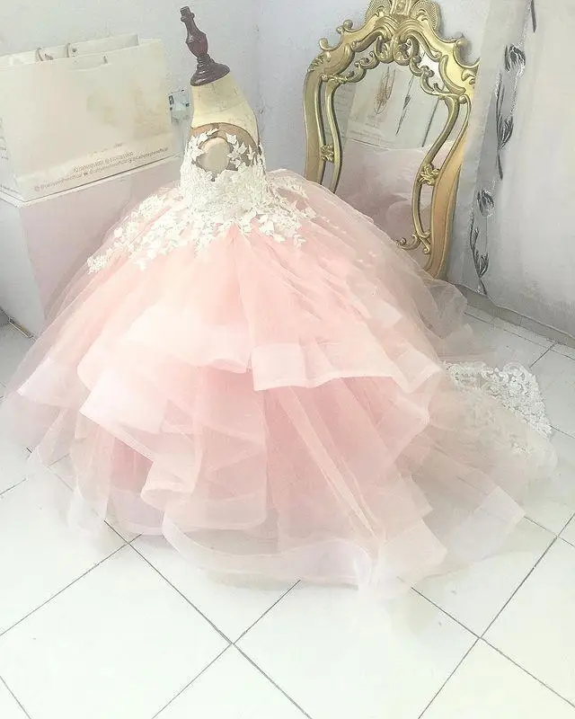 Flower Girl Dresses Sheer Neck Tiers Ball Gown Little Girl Wedding Dresses Cheap Communion Pageant Dresses Gowns