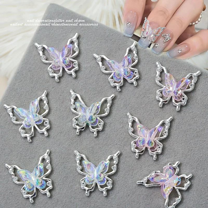 10 Pcs Sweet Korean Double Layer Butterfly Nail Charms Y2K Alloy Rhinestone Pendant DIY Manicure Nail Decor Accessories
