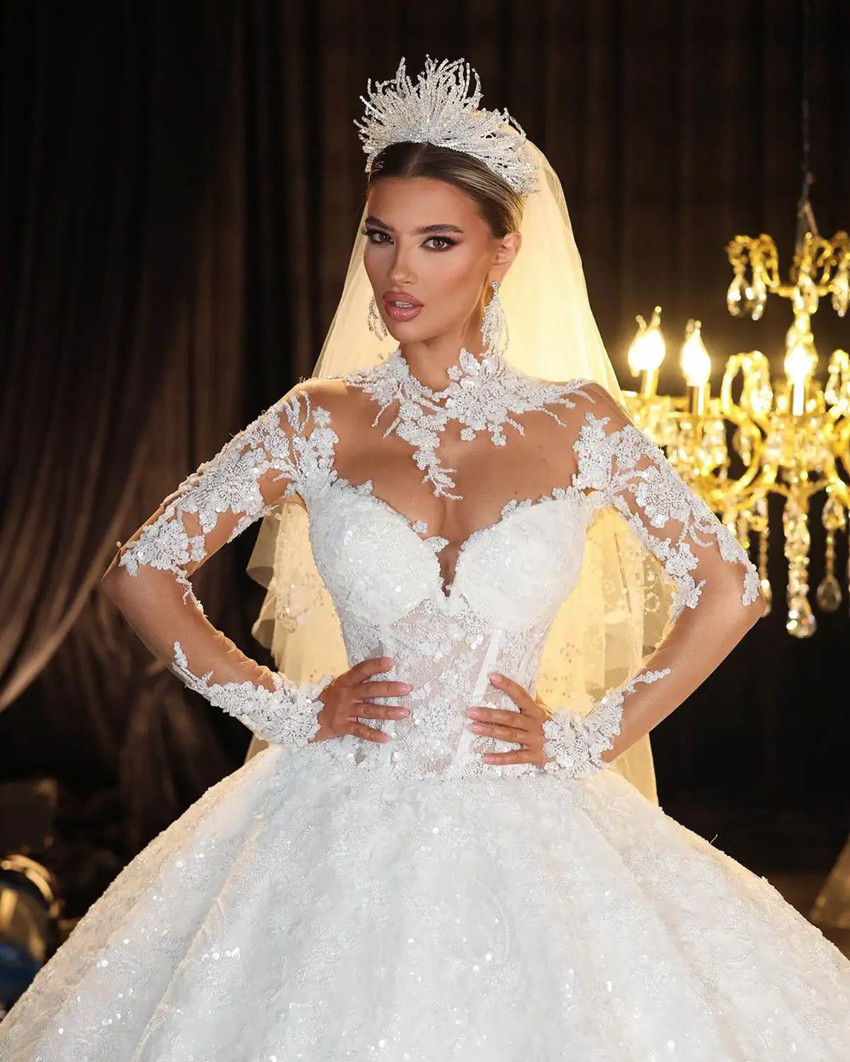 Graceful Wedding Dress Ball Gown High Collar Sequined Long Sleeve Floor-Length Princess Bride Vestido De Noiva Custom Made