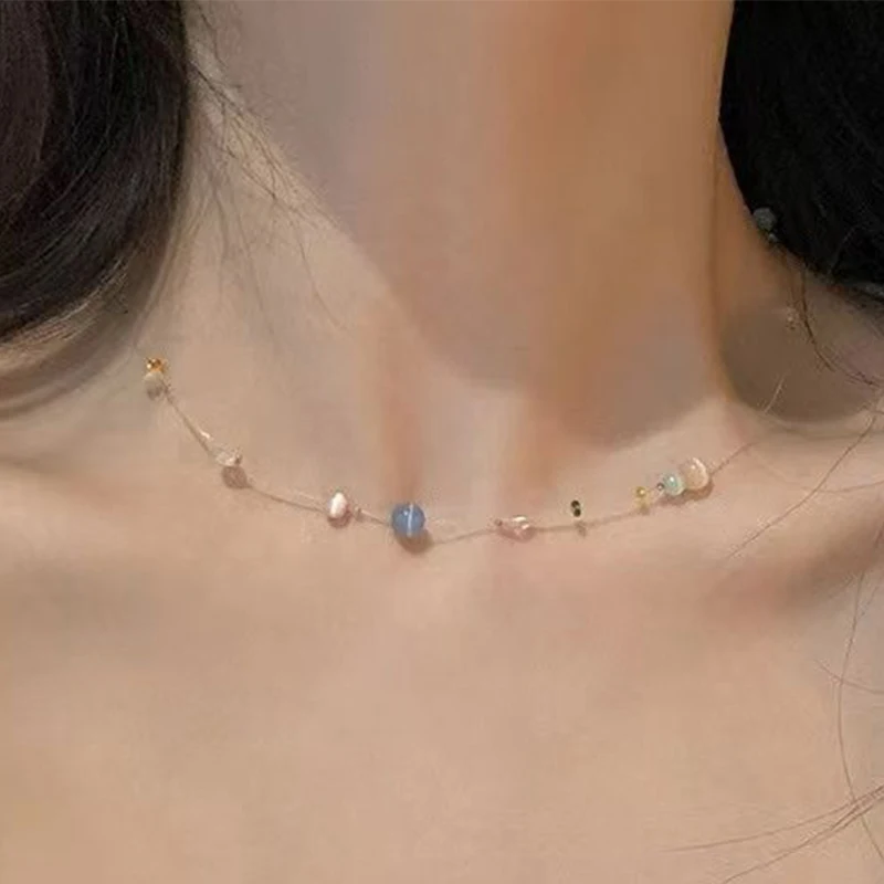 Bohemian Fish Line Beads Choker Candy Color Beach Jewelry Summer Clavicle Necklace For Women Charm Invisible Fishing Line Choker