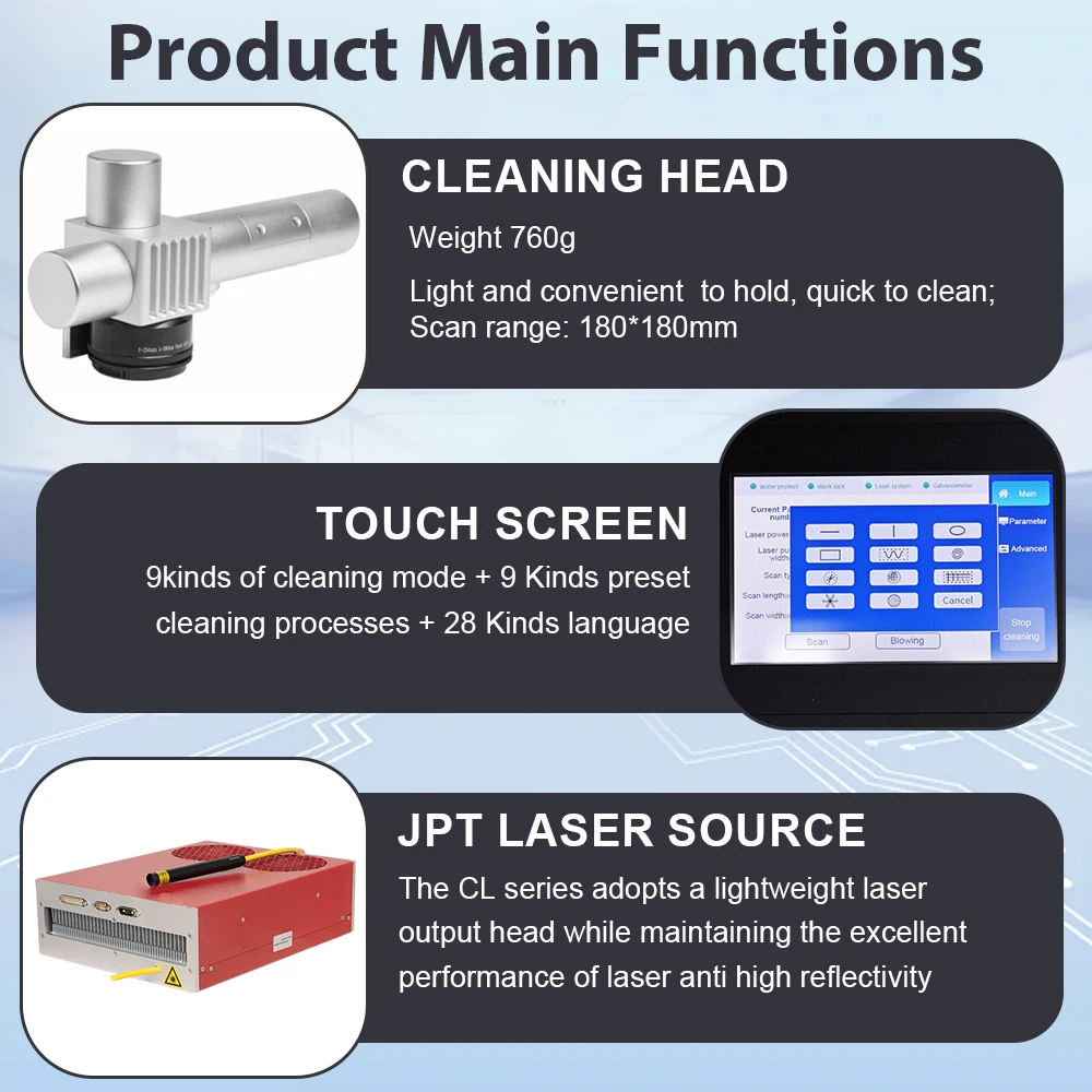 200W JPT Pulsed Laser Cleaning Machine For Remove Rust Oil Paint Metal Wood Air Cool Laser Aluminum oxide layer Model Cleaning