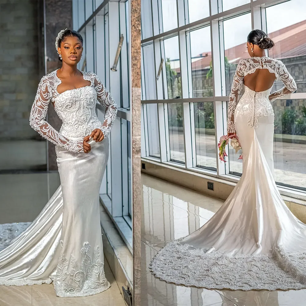 Customized Square Neck  Appliques Pearls Wedding Dress Vestidos De Novia Elegant Ballgown Long Sleeves Open Back  Bridal Gown