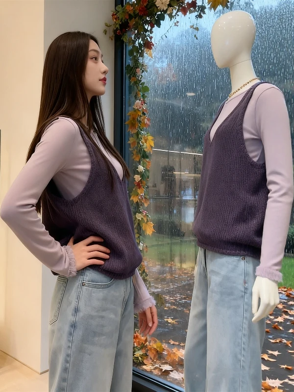 

Корейский дизайн: Фиолетовый топ с длинным рукавом, кружевными вставками и бретелями, комплект с брюками для женщин, весенний модный набор для взрослых, ранняя осень