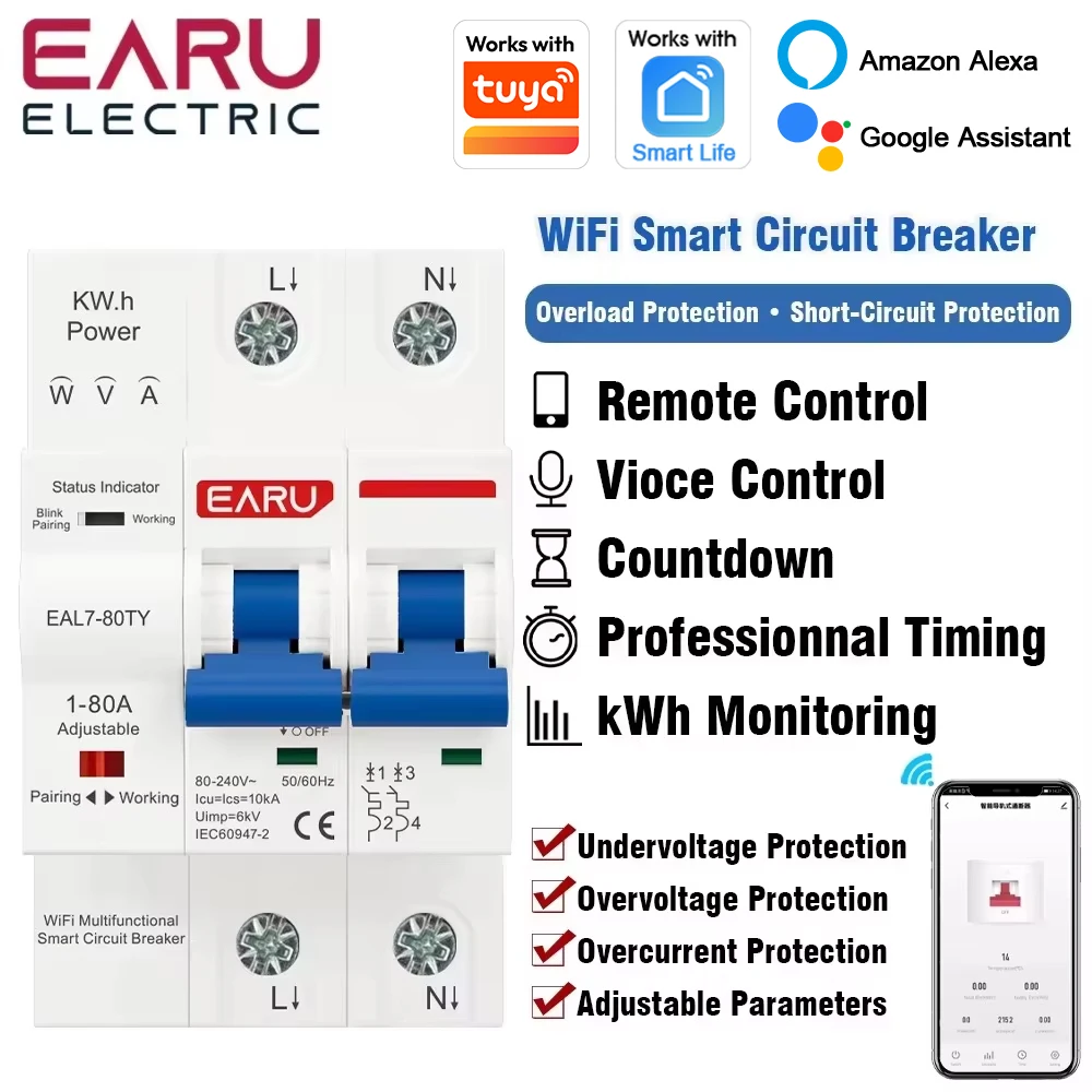 

Умный автоматический выключатель Tuya Wi-Fi MCB AC230V 1-80A Регулируемый счетчик энергии кВтч Защита от перегрузки по току и пониженного напряжения и короткого замыкания
