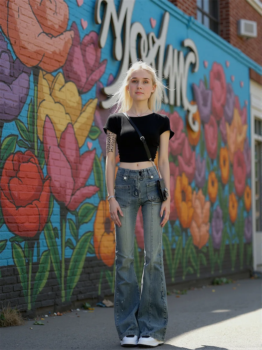 

Расклешенные узкие джинсы в пол, женские плиссированные расклешенные брюки с высокой талией в стиле пэчворк, облегающие винтажные мешковатые джинсы с вышитыми карманами синего цвета