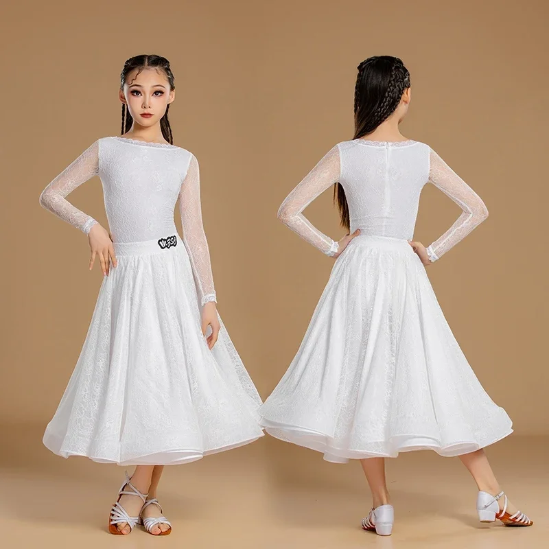

Competition Performance Suit Lace Long Sleeve Big Swing Skirts Modern Costumes Girls Waltz Ballroom Dance Clothes