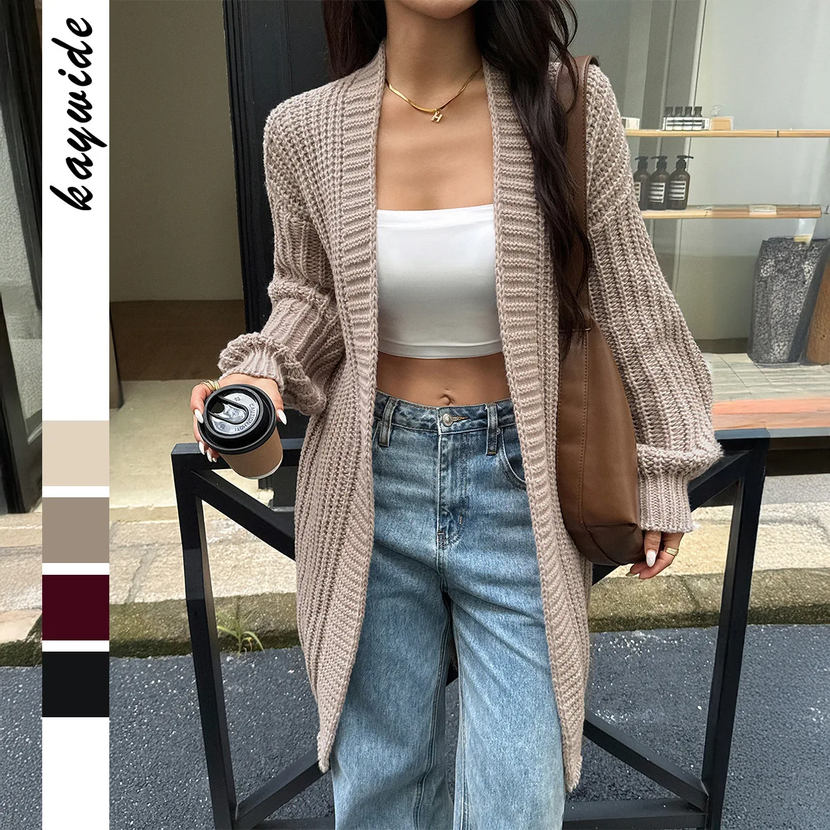 

Casual Knitted Outerwear Coat Sweater Women's Autumn Winter Loose Fit Open Cardigan Sle Faux Fur Fabric Medium Thin