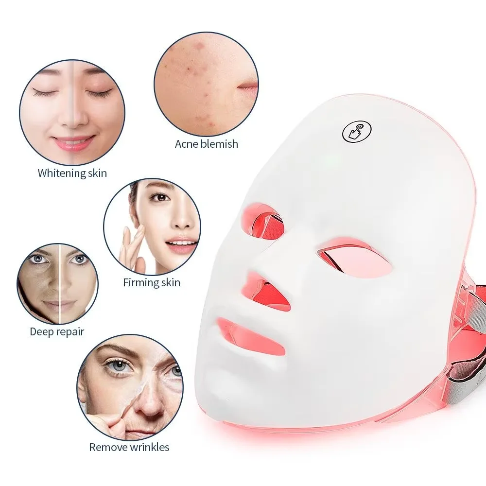 Máscara facial led de 7 cores, recarregável, terapia de fótons pdt, endurecimento e clareamento da pele, máquina facial de beleza, luz de tratamento pdt