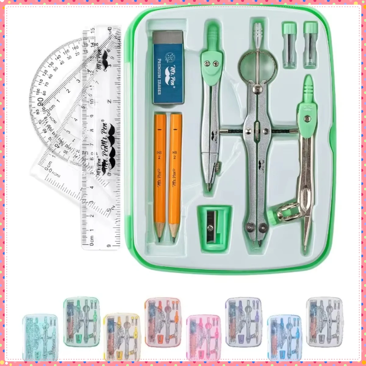 مجموعة هندسية مقاومة للكسر: مجموعة مكونة من 13 قطعة باللون الأخضر النعناعي مع بوصلة دقيقة للرياضيات. مثالية للطلاب