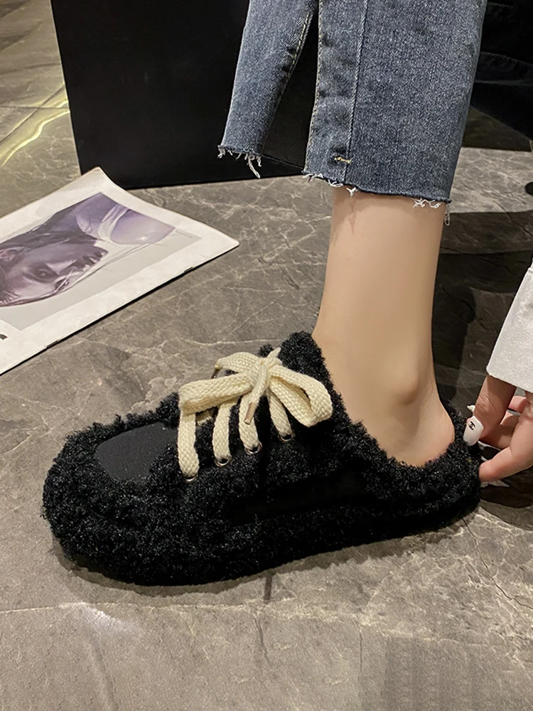 Shoes Woman Flats Modis Loafers Fur Slip-on Casual Female Sneakers Autumn Round Toe Dress Winter 2023 New Cross Slip On Fall