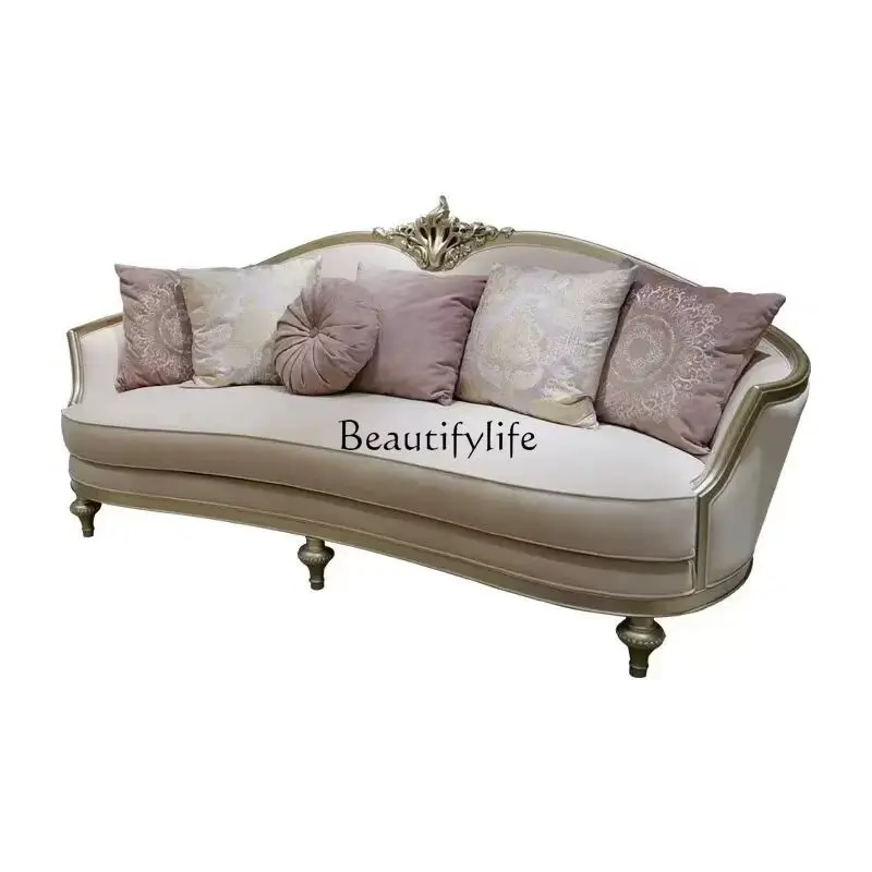 

French light luxury solid wood three-person sofa luxury European court style cloth villa