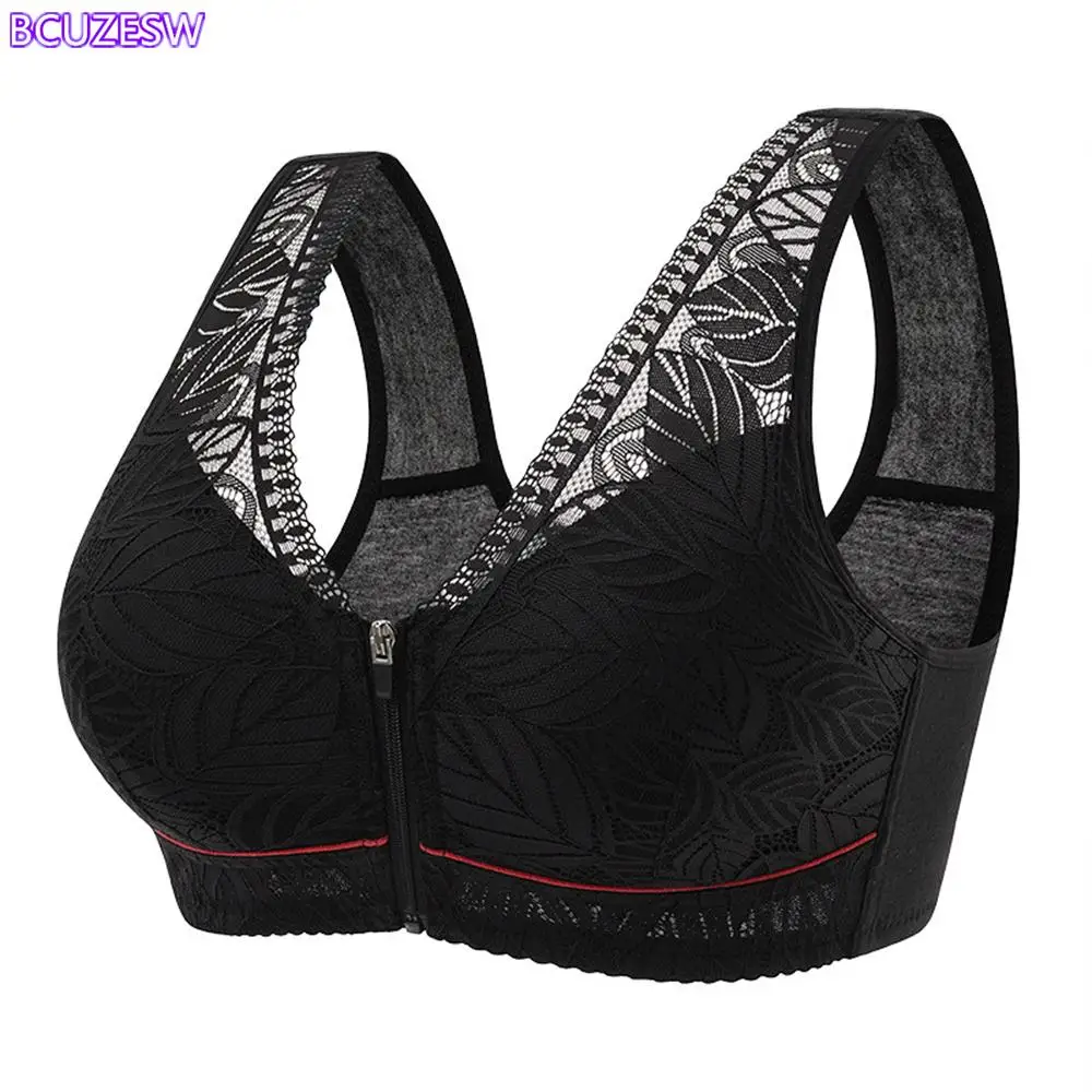 

Silicone Breast Implant Protection Bra Front Zipper Middle-aged Elderly Underwear Women Bralette Vest Lace Large Size Bra