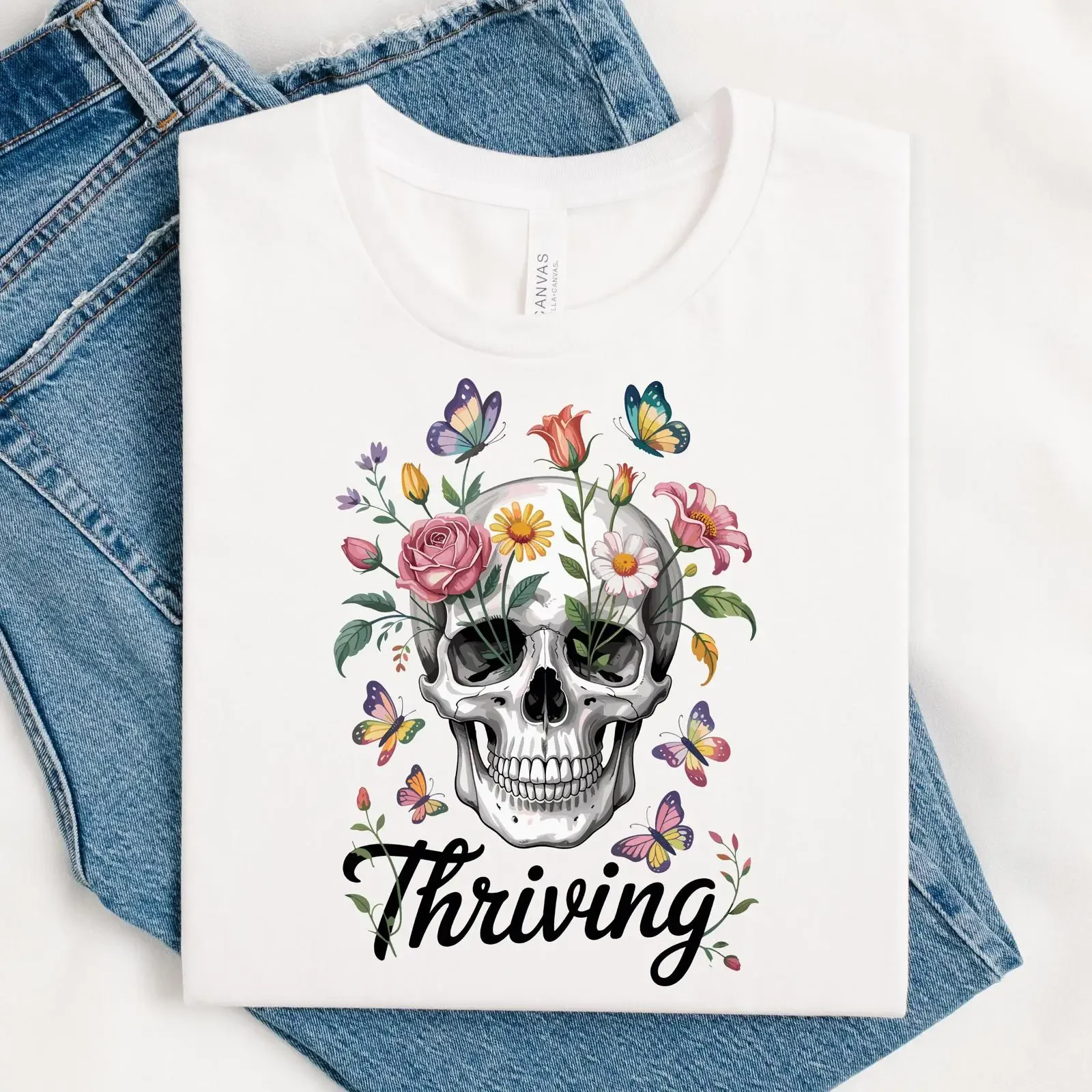 T-shirt Thriving Skull, motif floral squelette gothique, style vintage délavé, vêtement graphique de créateur, unisexe, décontracté, extensible