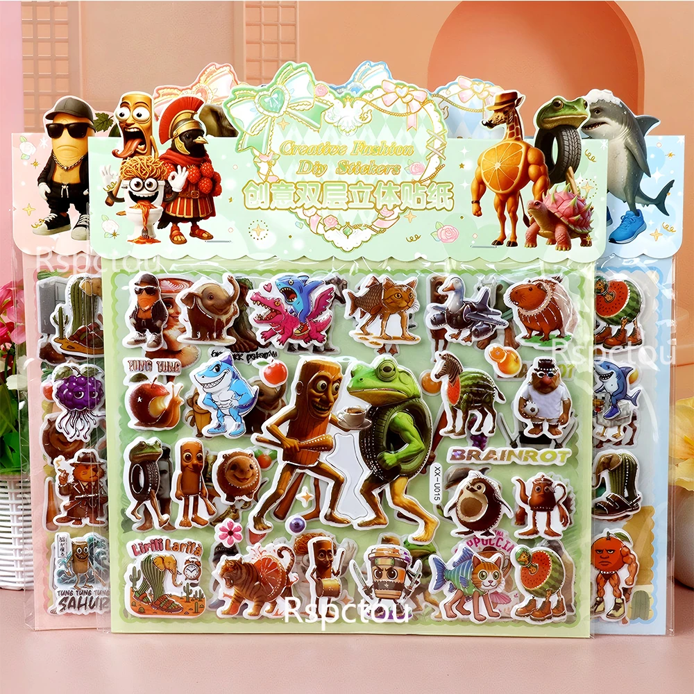 مزدوجة الطبقات الإيطالية Brainrot ثلاثية الأبعاد ملصقات الإغاثة مضحك تونغ تونغ الصحور فقاعة الشارات لطيف ملصق يدوي الصنع اللعب الهدايا