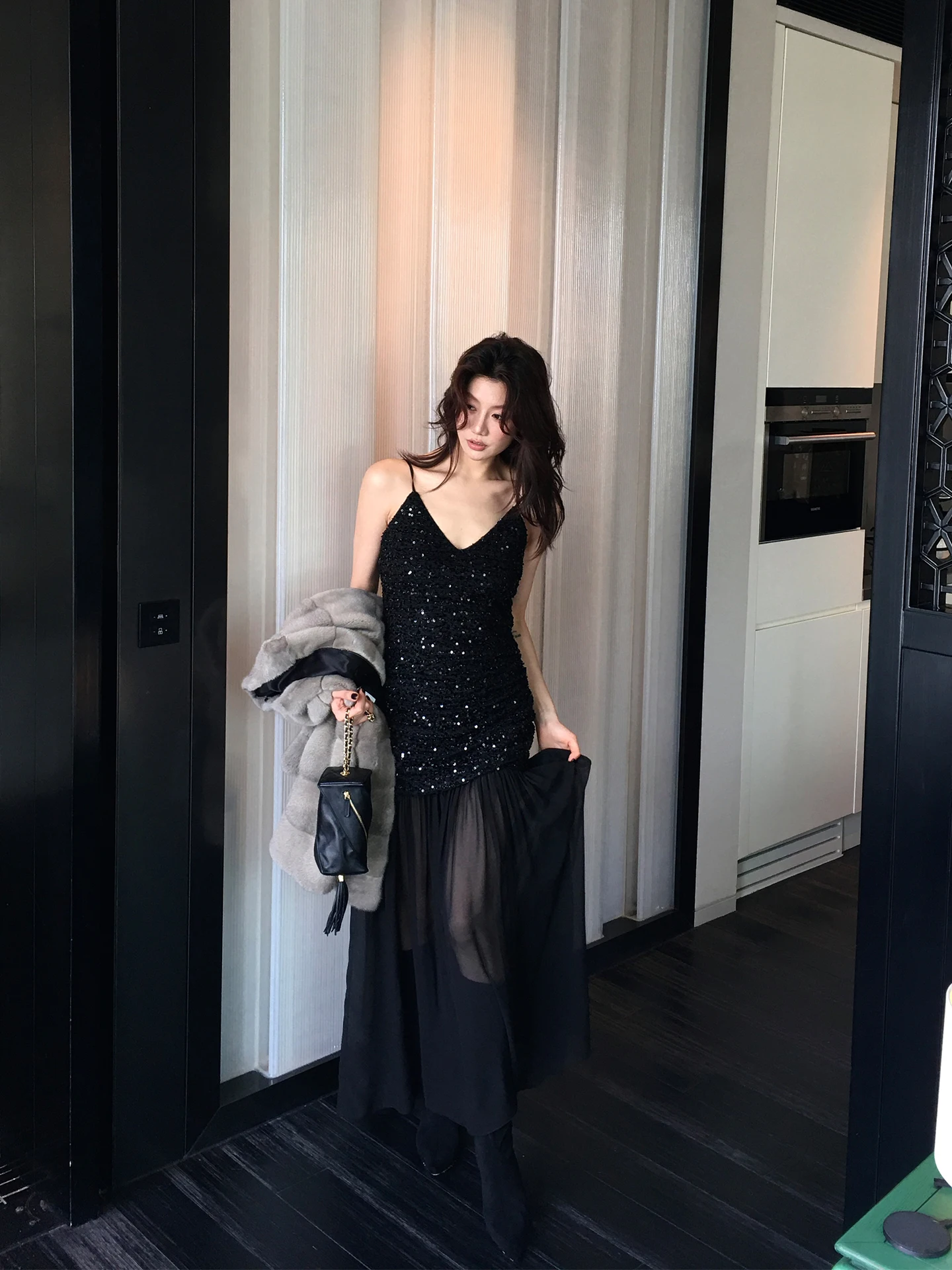 

Dragon Xier iny Sequin V-ne Bal Strap Dr Women's Slim Me Paneling Long Ele Dr ALONESAVOR D243